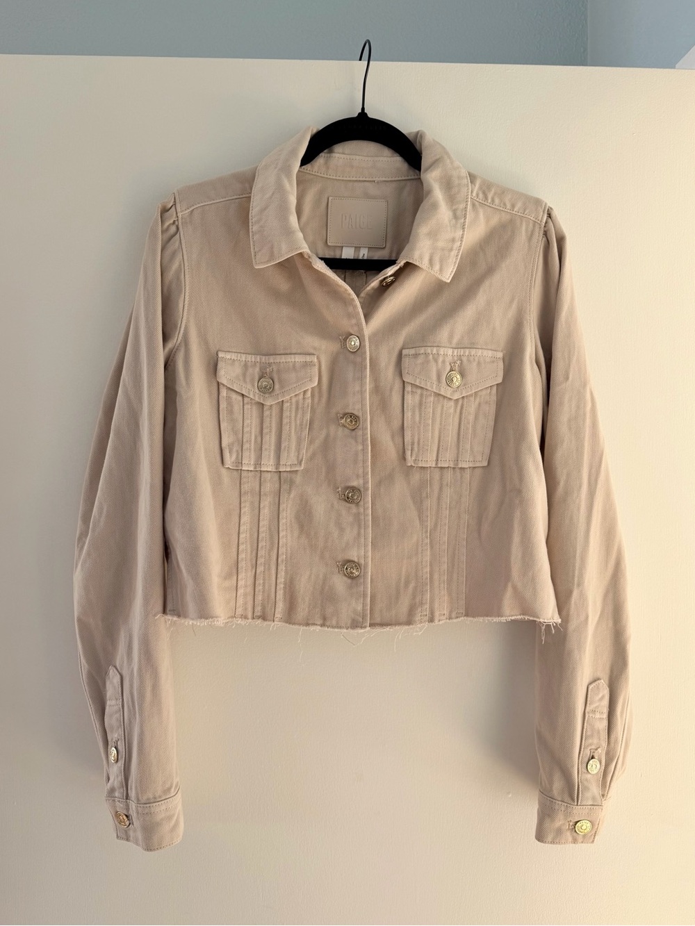 PAIGE Pacey Raw Hem Crop Twill Jacket Soft Beige Puff Sleeve Gold Button M